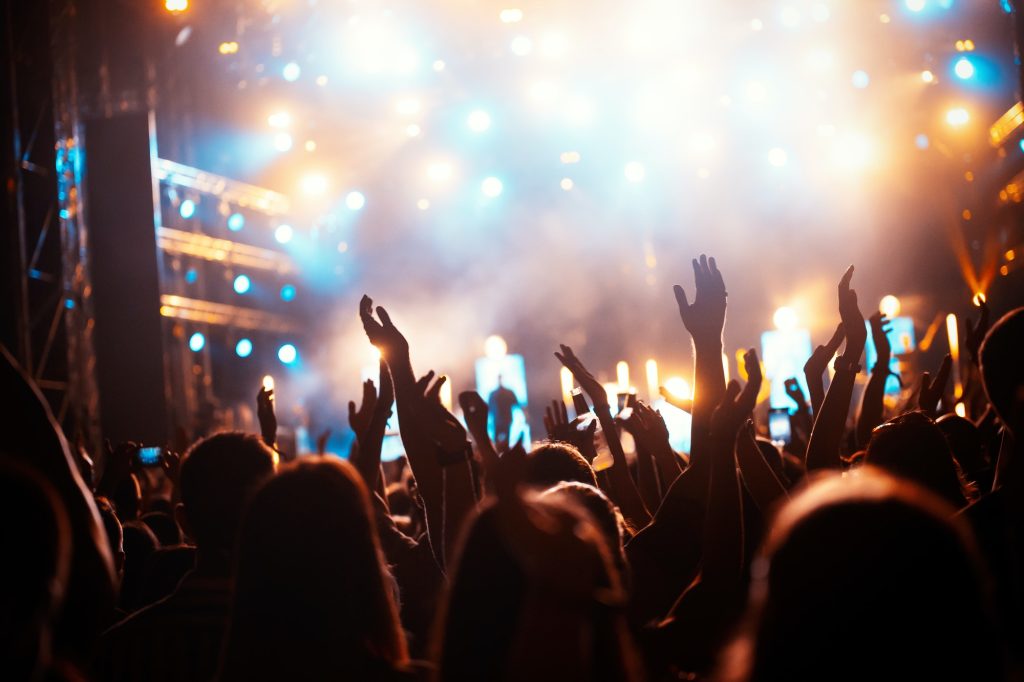 Party people enjoy concert at festival. Summer music festival